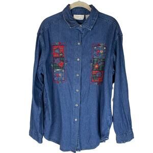 Vintage denim floral embroidery plaid patch button front shirt